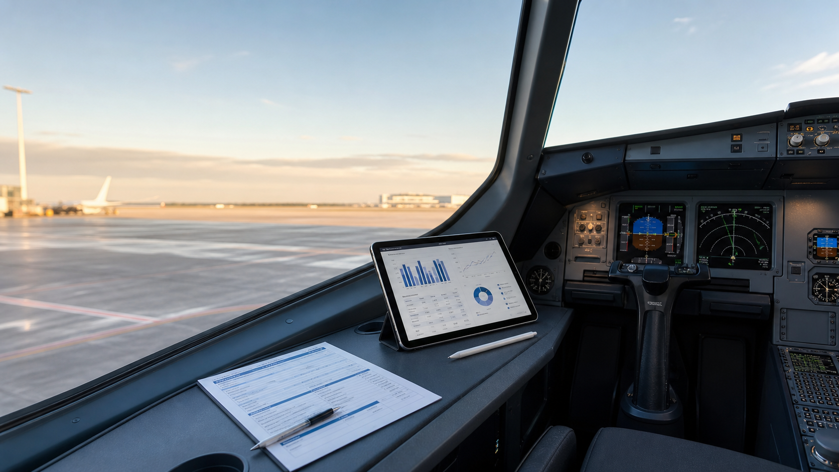 Aircraft cockpit with a tablet and insurance planning worksheet